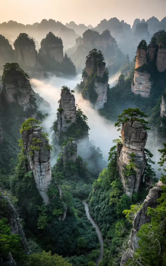 , Pinterest (zhēnjié): A photograph capturing a breathtaking panoramic view of Zhangjiajie National Forest Park in China. T